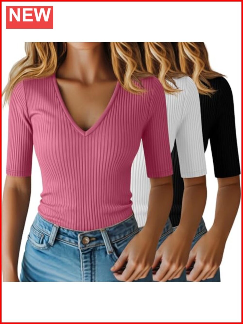 Ribbed Knit V Neck Half Sleeve Slim Fit Tee